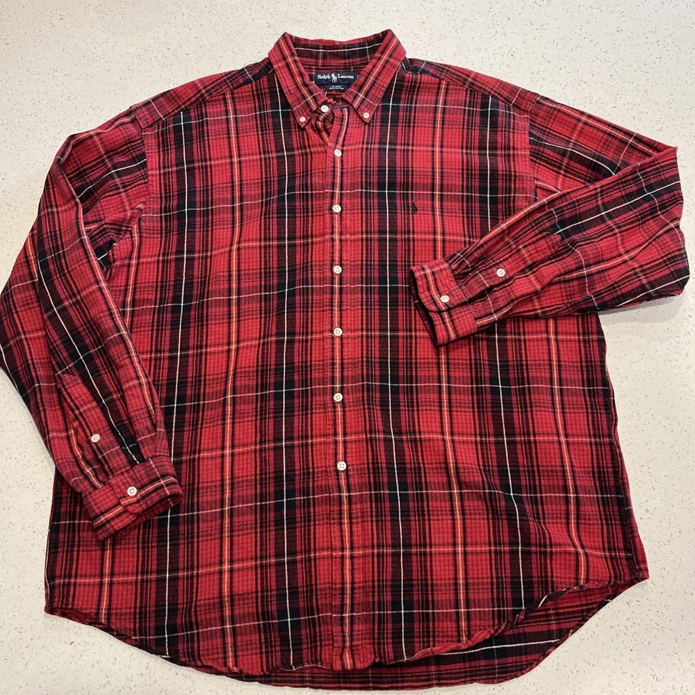 Vintage Men Polo‎ Ralph Lauren Flannel Shirt 2XL Blake Buffalo Red Black Check